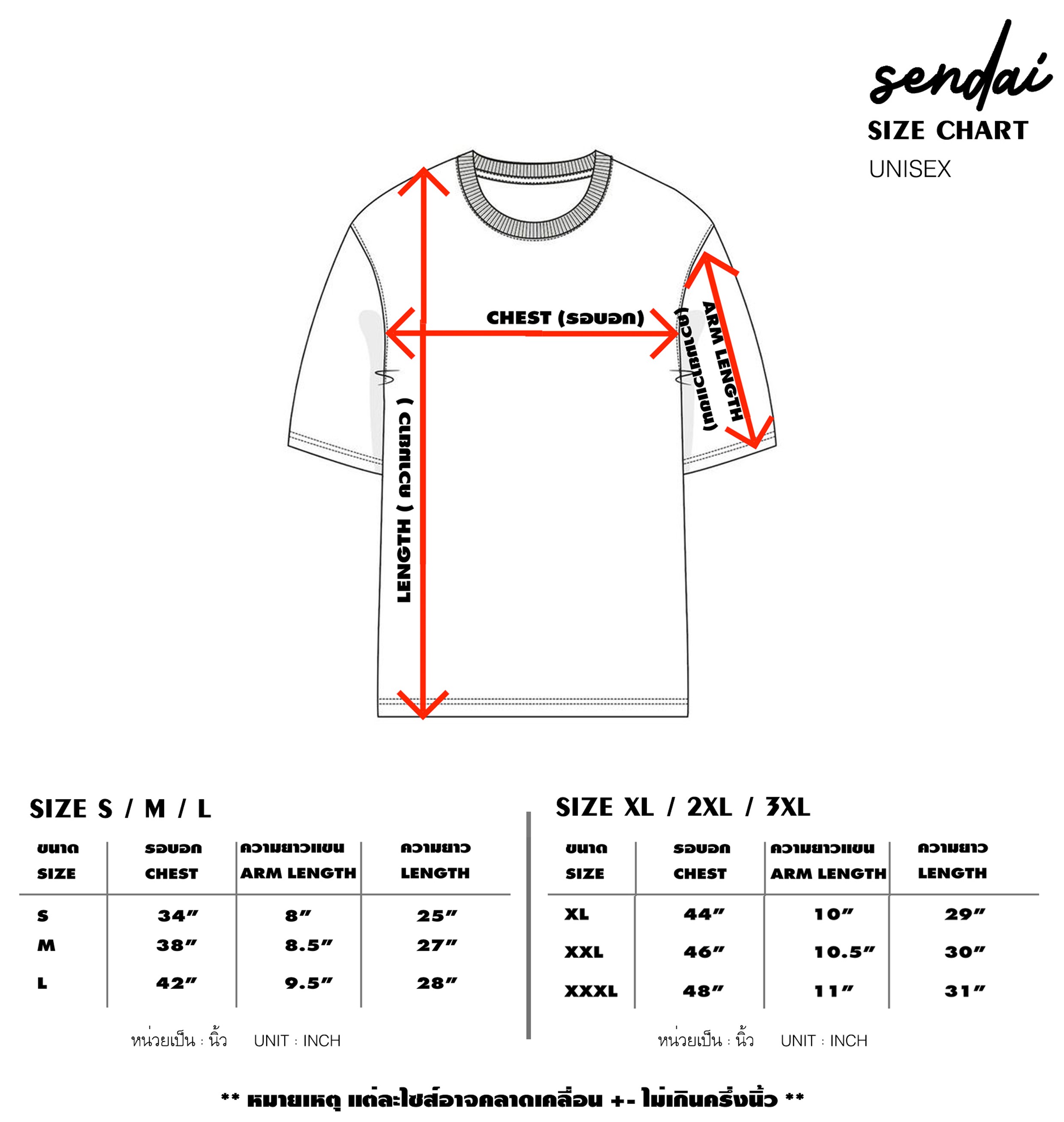 ตารางไซส์ T-Shirt